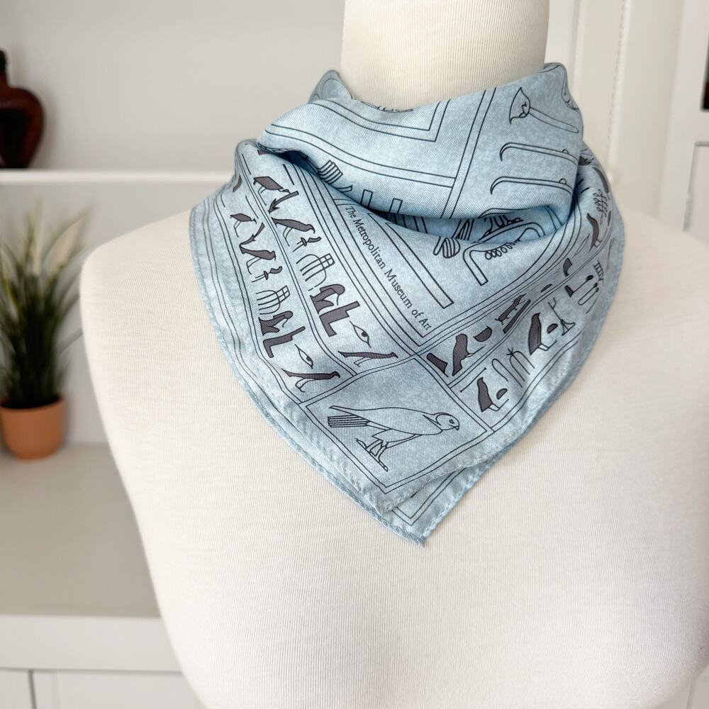 MoMA 100% Silk Blue Gray Egyptian Hieroglyph Symbol Square Scarf